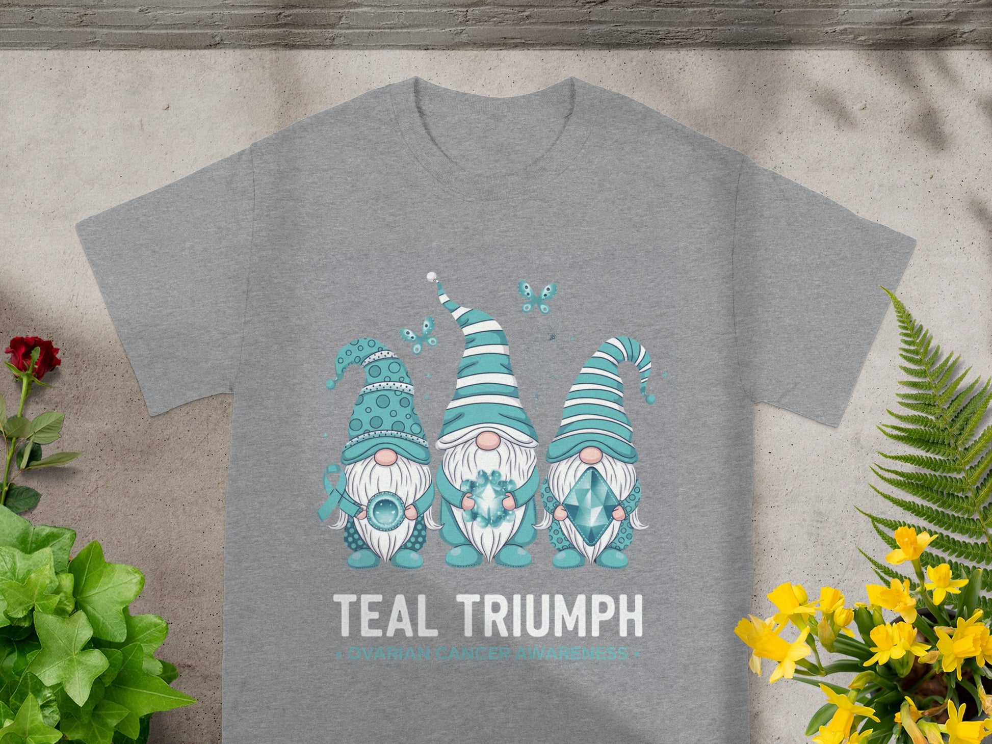 Teal Triumph Gnome Ovarian Cancer Awareness T-shirt