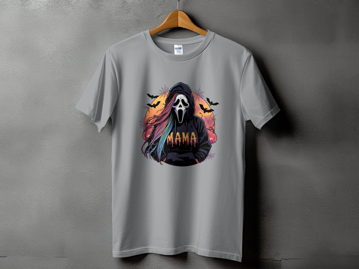 T-shirt with a graphic of a ghost face with rainbow hair and the word "MAMA".