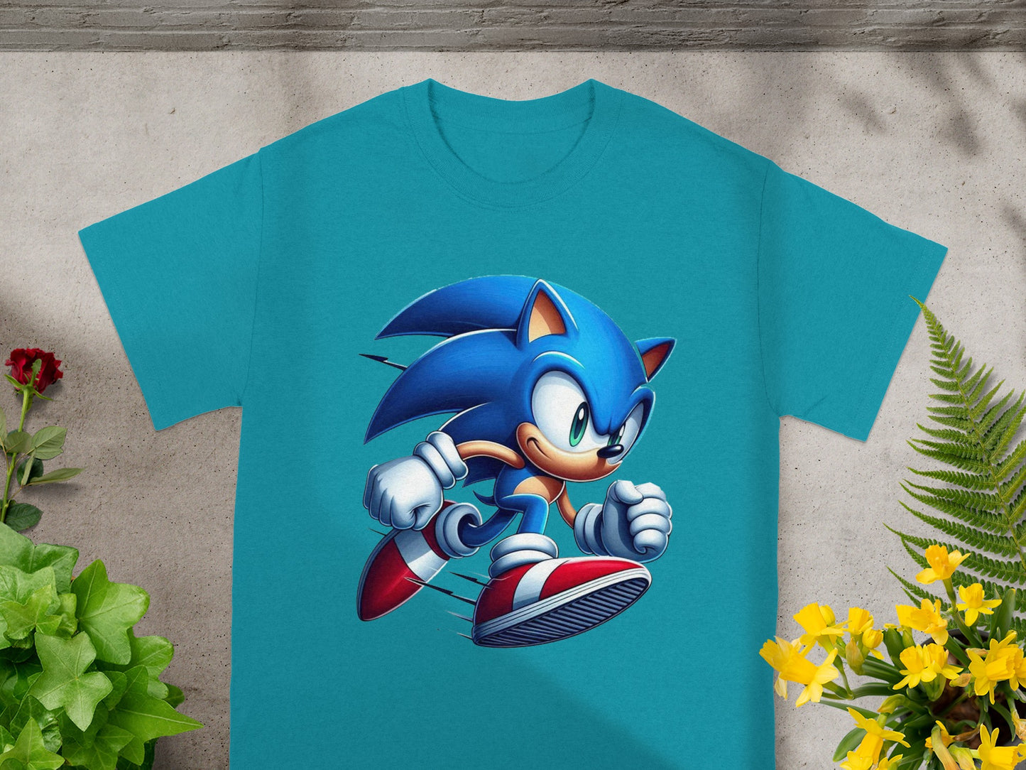 Teal t-shirt featuring Sonic the Hedgehog running with motion blur.
