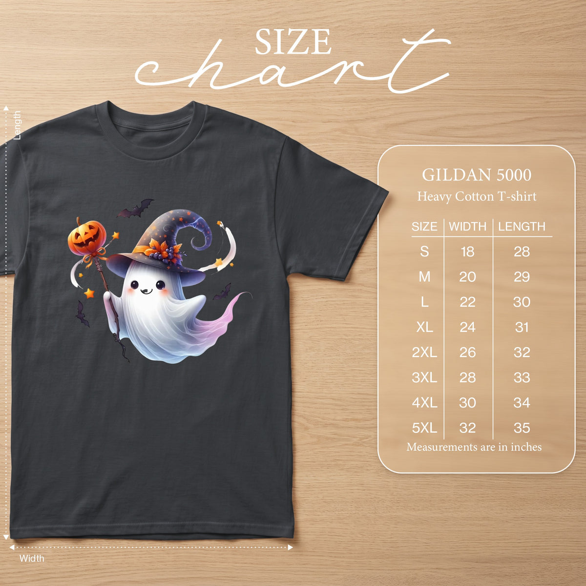Gildan 5000 heavy cotton t-shirt with cartoon ghost graphic and size chart.