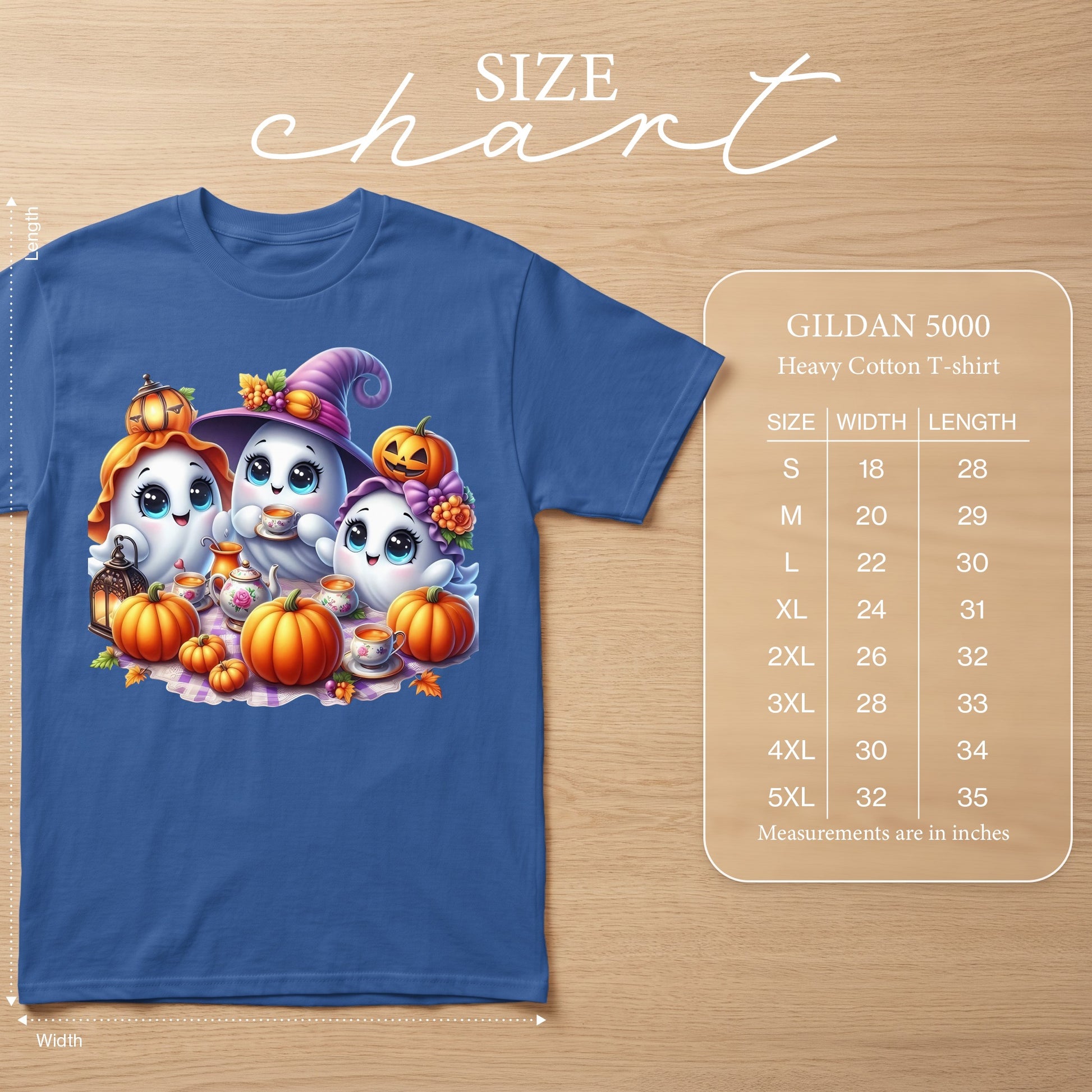 Gildan 5000 size chart with ghost graphic and pumpkins.