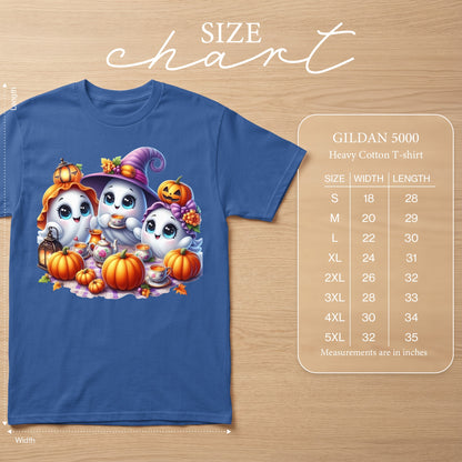 Gildan 5000 size chart with ghost graphic and pumpkins.