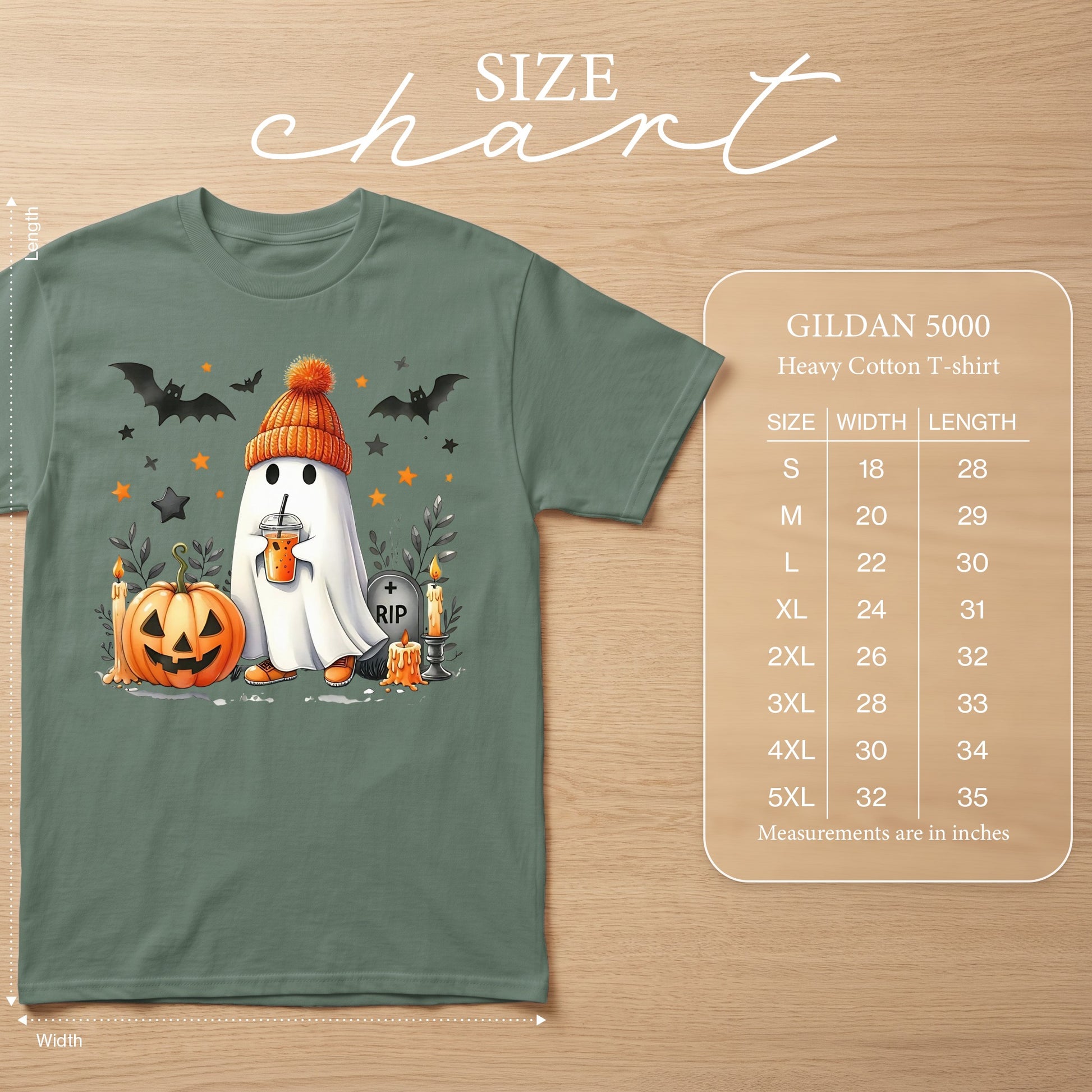 Ghost with pumpkin and bats graphic on Gildan 5000 heavy cotton t-shirt size chart.