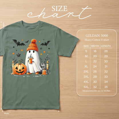 Ghost with pumpkin and bats graphic on Gildan 5000 heavy cotton t-shirt size chart.