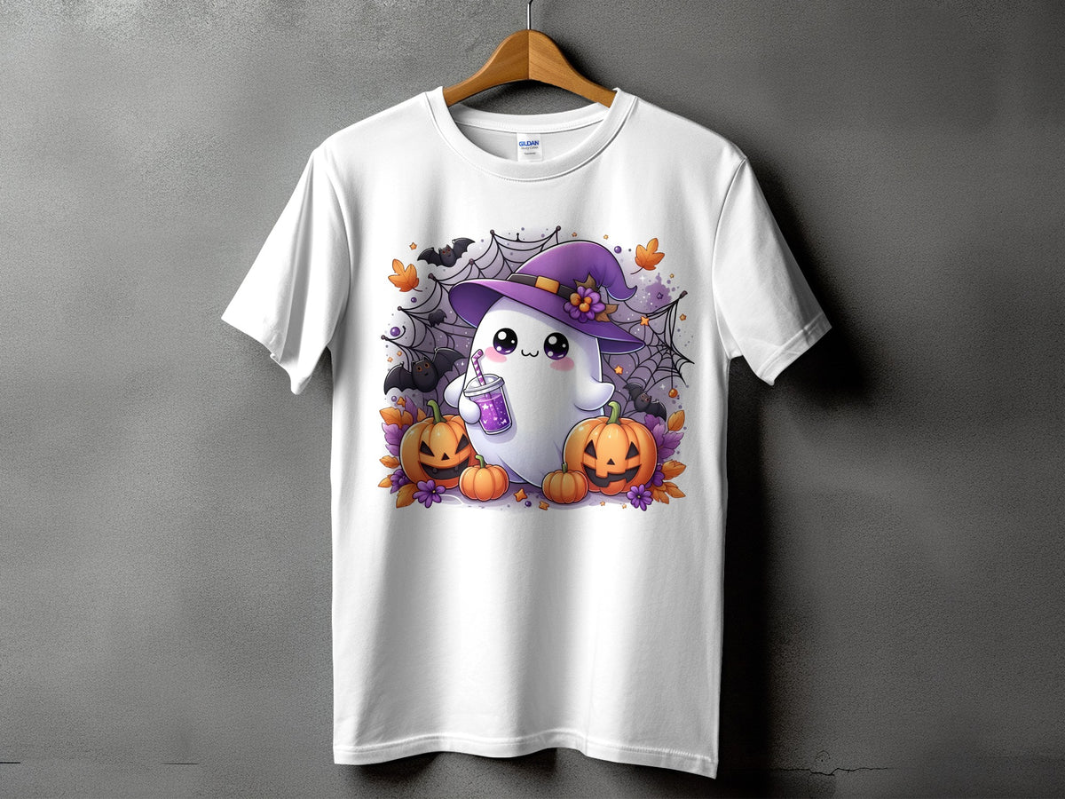 White t-shirt with Halloween ghost, pumpkins, bats, and spiderwebs graphic.