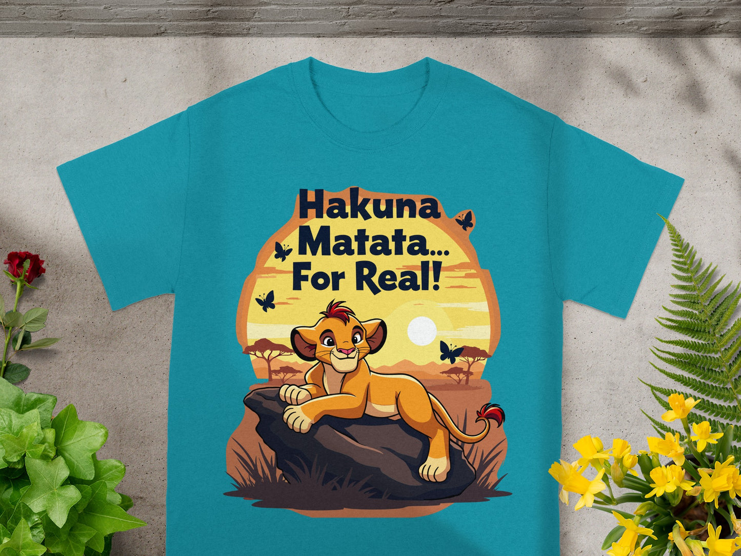 Simba from The Lion King on a rock with "Hakuna Matata... For Real!" text.