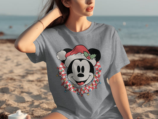 Festive Mickey Mouse Christmas Santa Hat Graphic T-Shirt