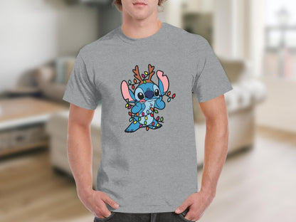Cartoon Reindeer and Lights Graphic T-shirt