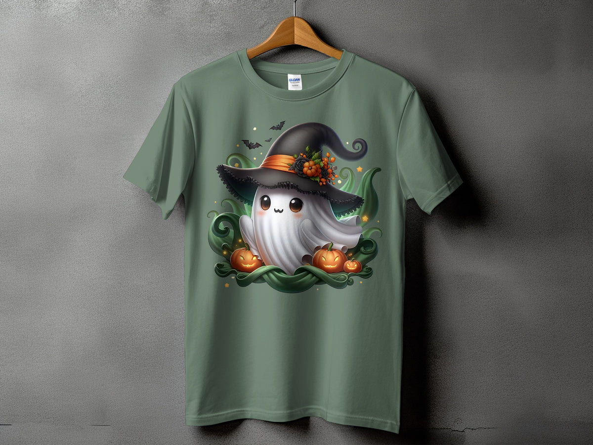 Cute ghost wearing witch hat with pumpkins and bats.