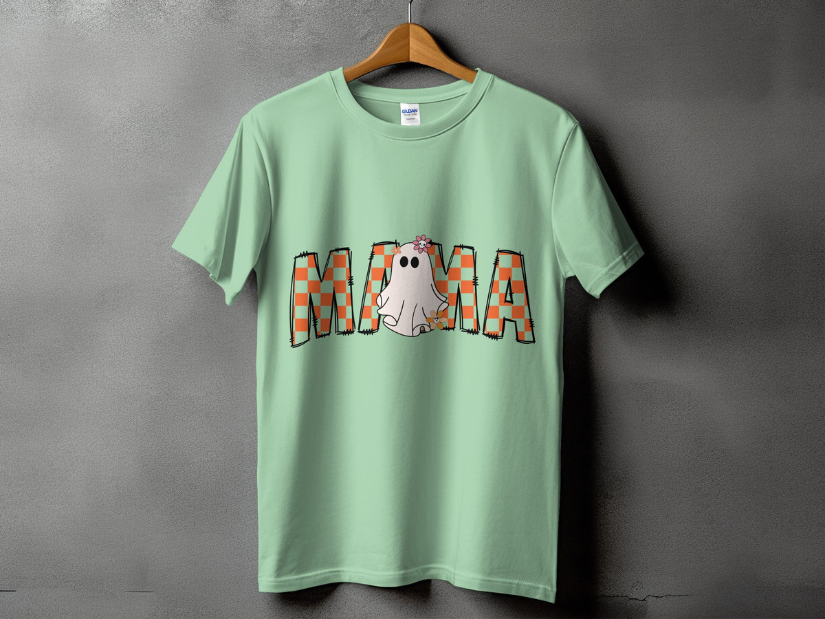 Mint green t-shirt with "Mama" text featuring a ghost and checkerboard pattern.