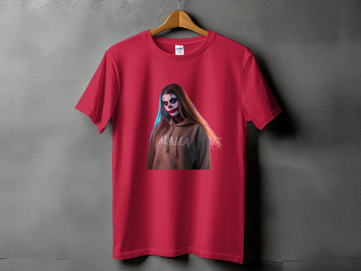 Red t-shirt with a graphic of a woman with clown makeup wearing a hoodie that says "Mama."