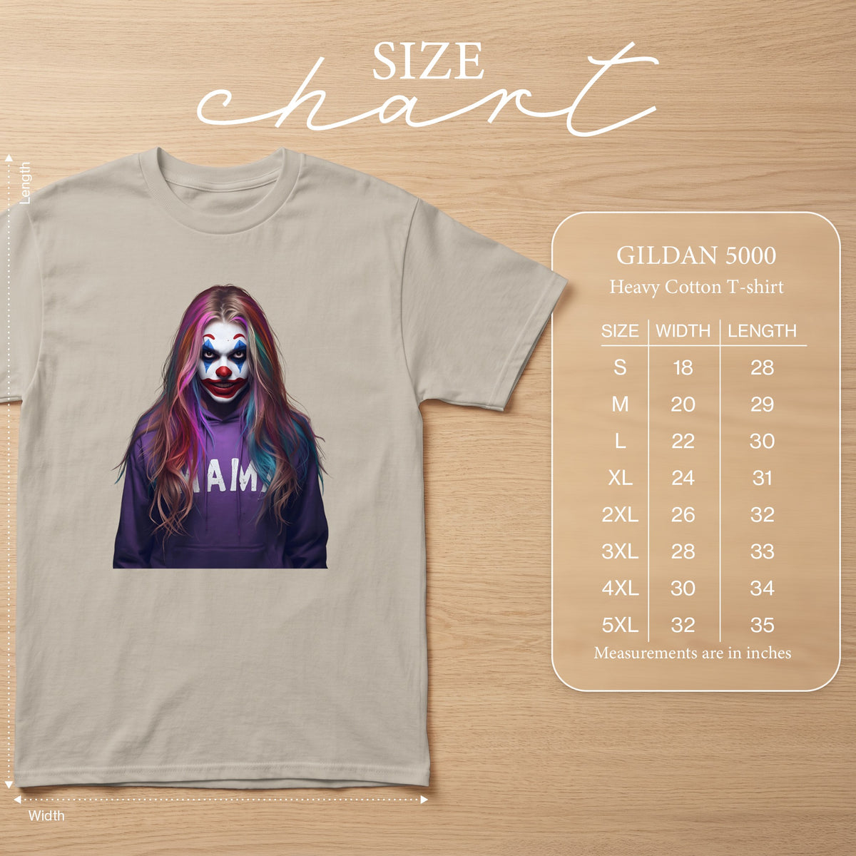 Gildan 5000 Heavy Cotton T-shirt size chart with clown graphic and measurements.