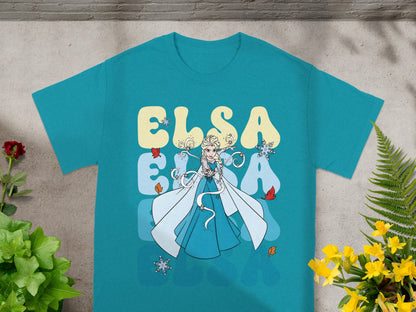 Teal t-shirt with Elsa and text "ELSA" in large blue letters.