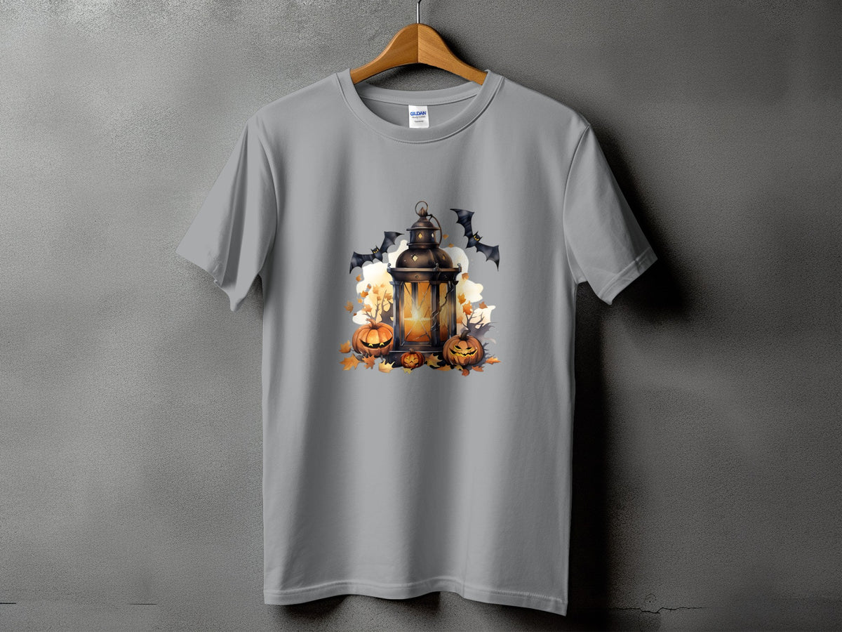 Gray t-shirt with a Halloween design of a lantern, pumpkins, and bats.