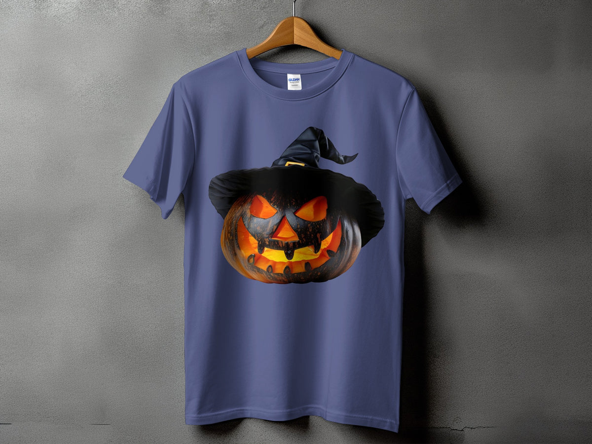 Gildan t-shirt with a spooky jack-o'-lantern wearing a witch hat graphic.