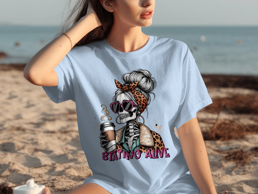 Staying Alive Skeleton with Coffee T-shirt