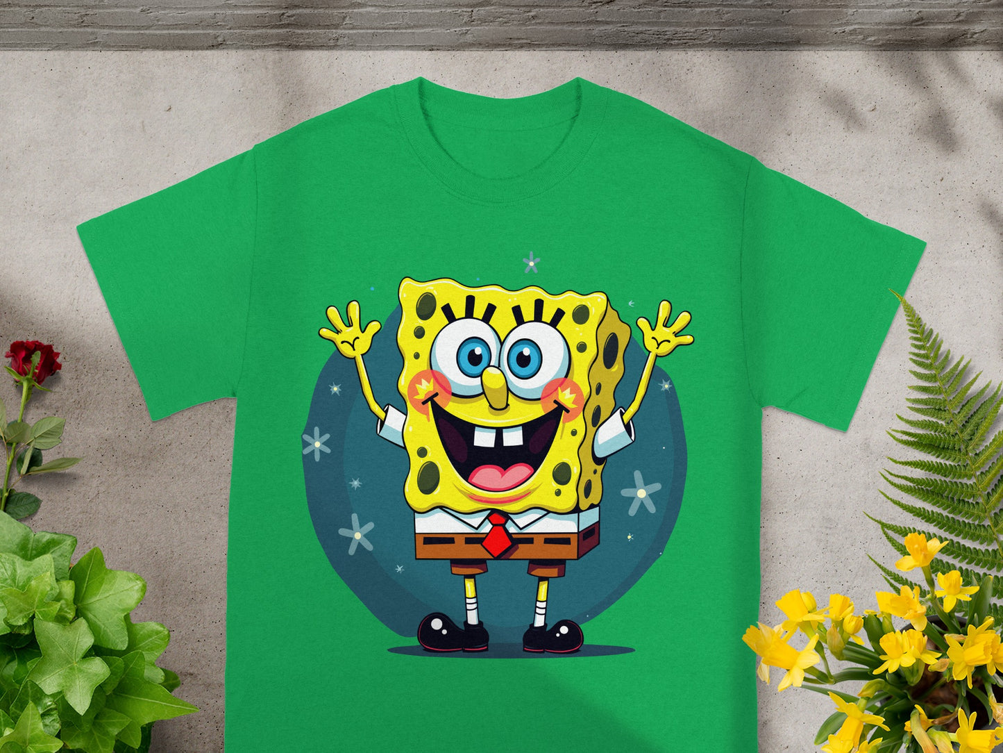 Green t-shirt with a smiling Spongebob Squarepants character design.
