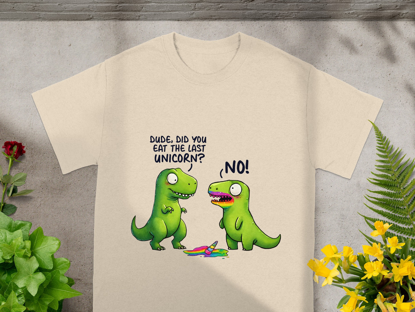 Two green dinosaurs, one with rainbow stains, face each other with a unicorn horn on the ground.