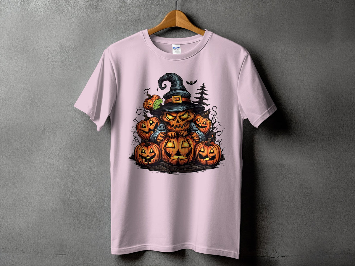 Pink t-shirt with a Halloween graphic featuring a jack-o'-lantern character and pumpkins.