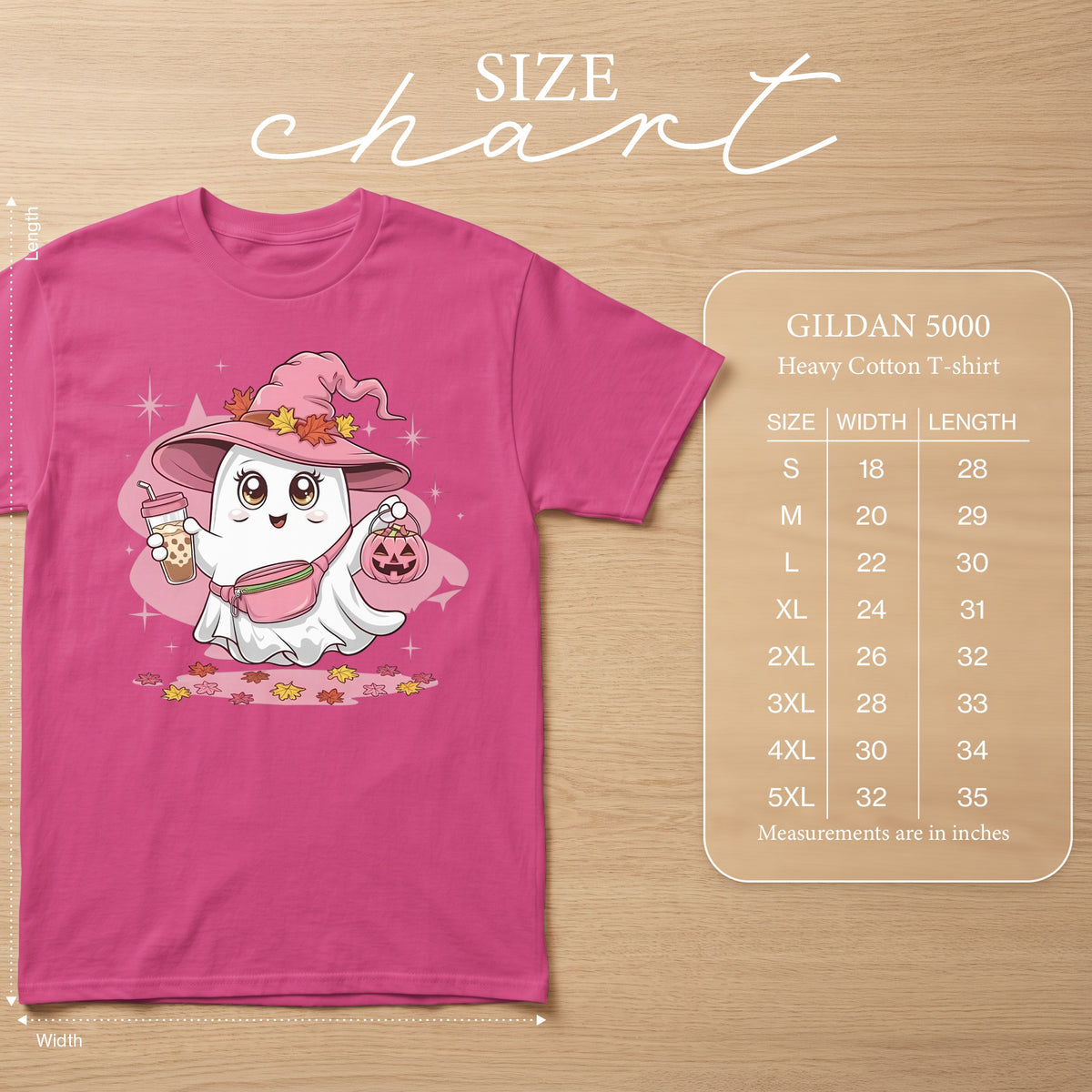 Pink t-shirt with cartoon ghost holding a drink and pumpkin. Size chart included.