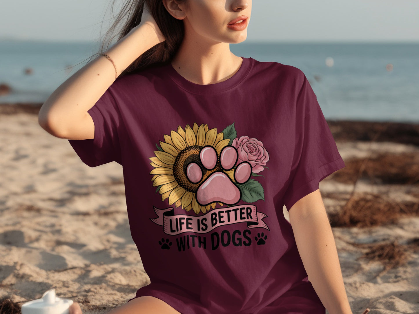Life Is Better With Dogs Sunflower Paw Print T-Shirt