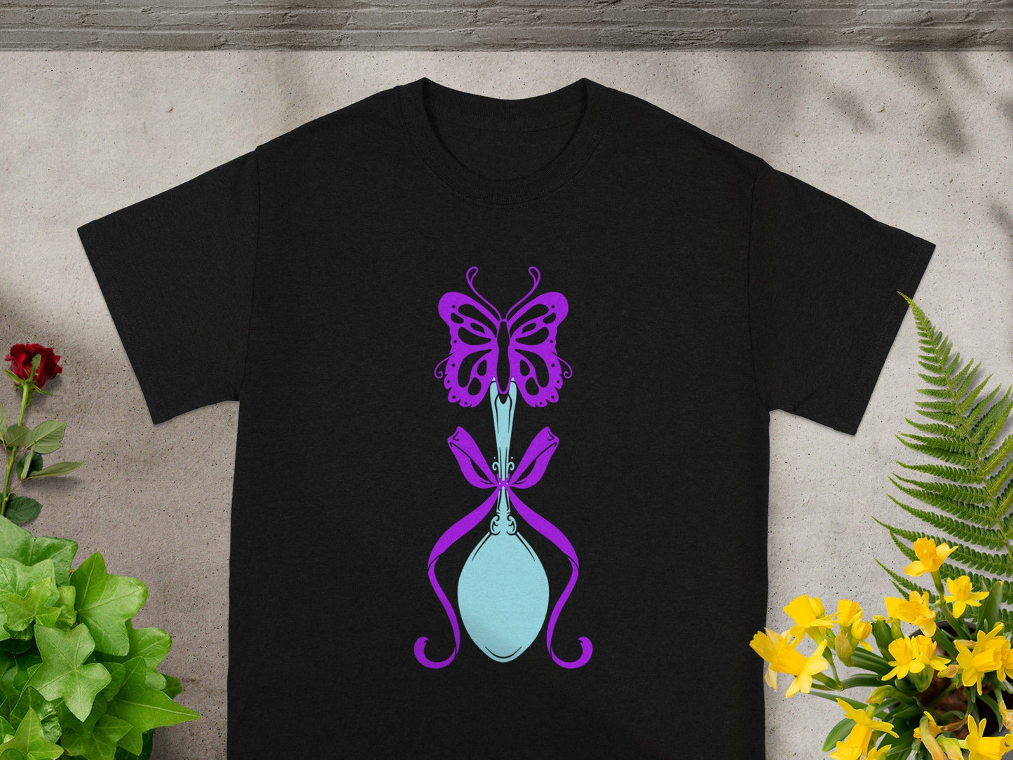 Purple Butterfly and Sword Graphic Black Shirt
