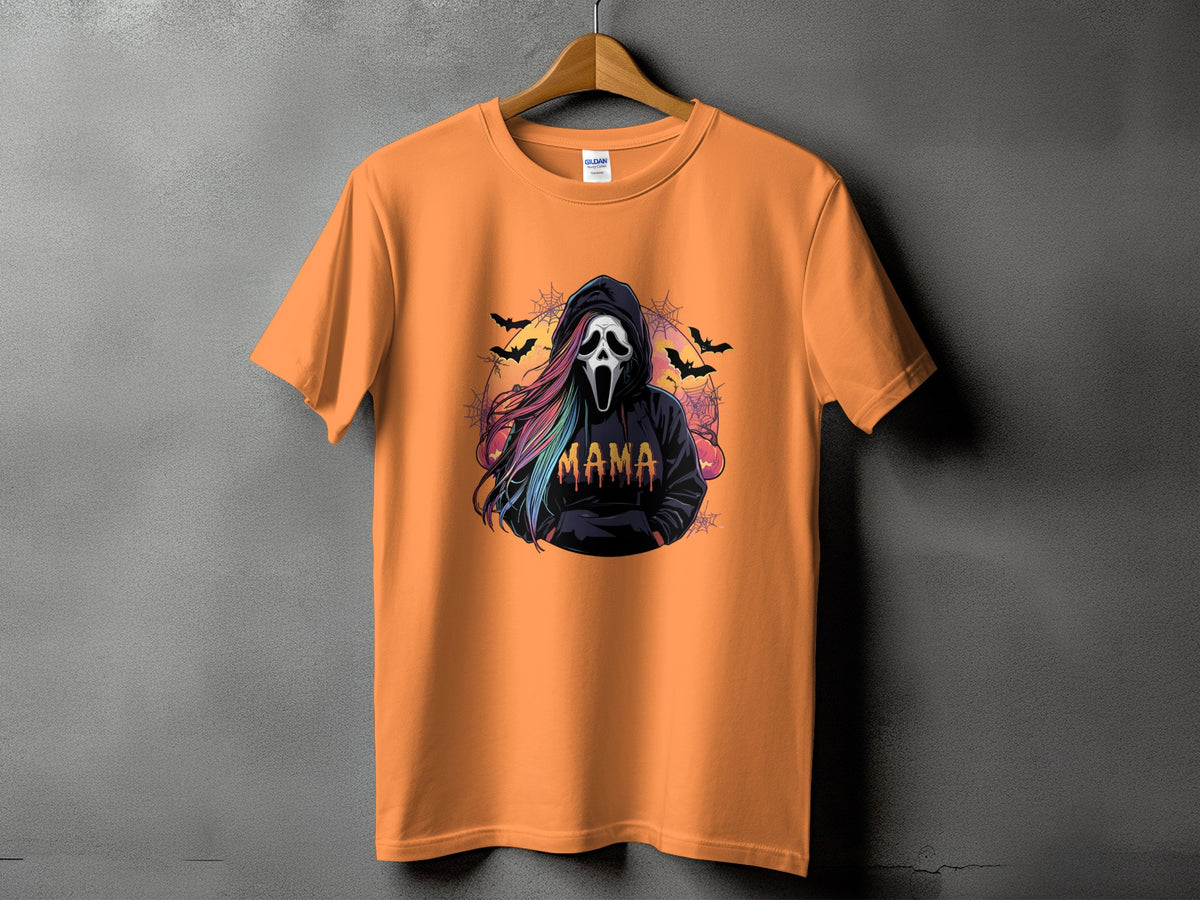 Orange t-shirt with ghost mask design and "MAMA" text.
