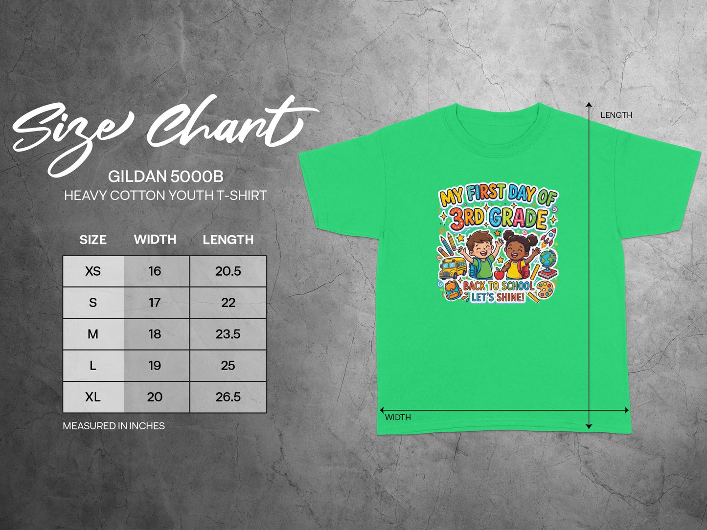 Gildan 5000B youth t-shirt size chart and back-to-school graphic.