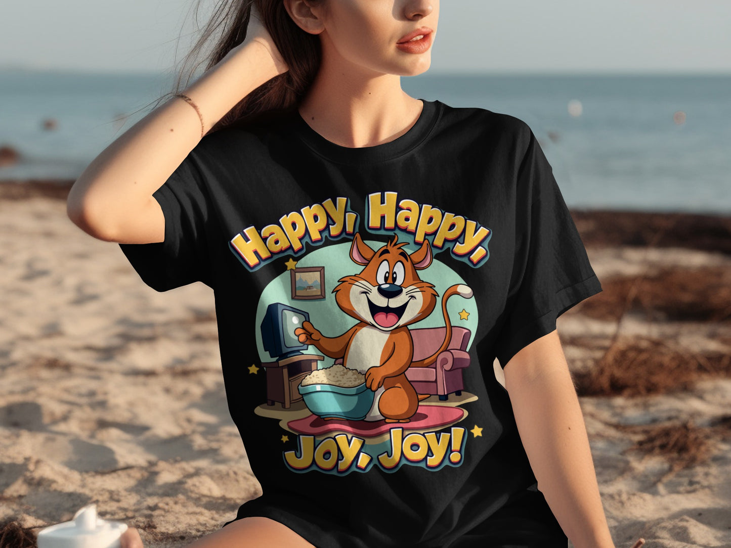 Happy Happy Joy Joy Funny Cartoon Black T-Shirt Toy