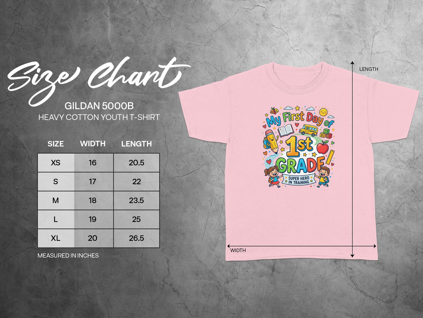 Gildan 5000B youth t-shirt size chart showing width and length measurements in inches.