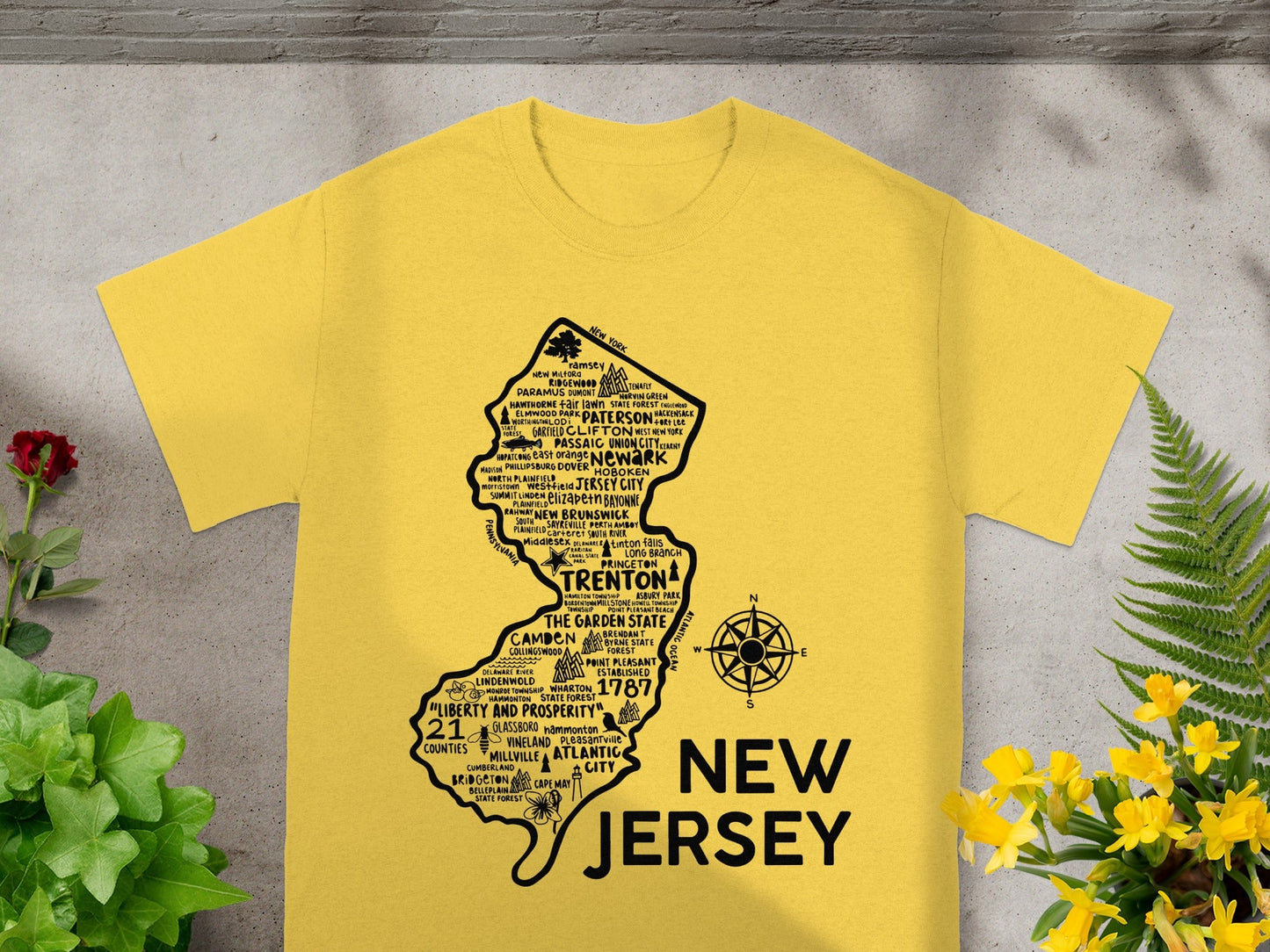 New Jersey State Map Theme Printed Yellow T-Shirt