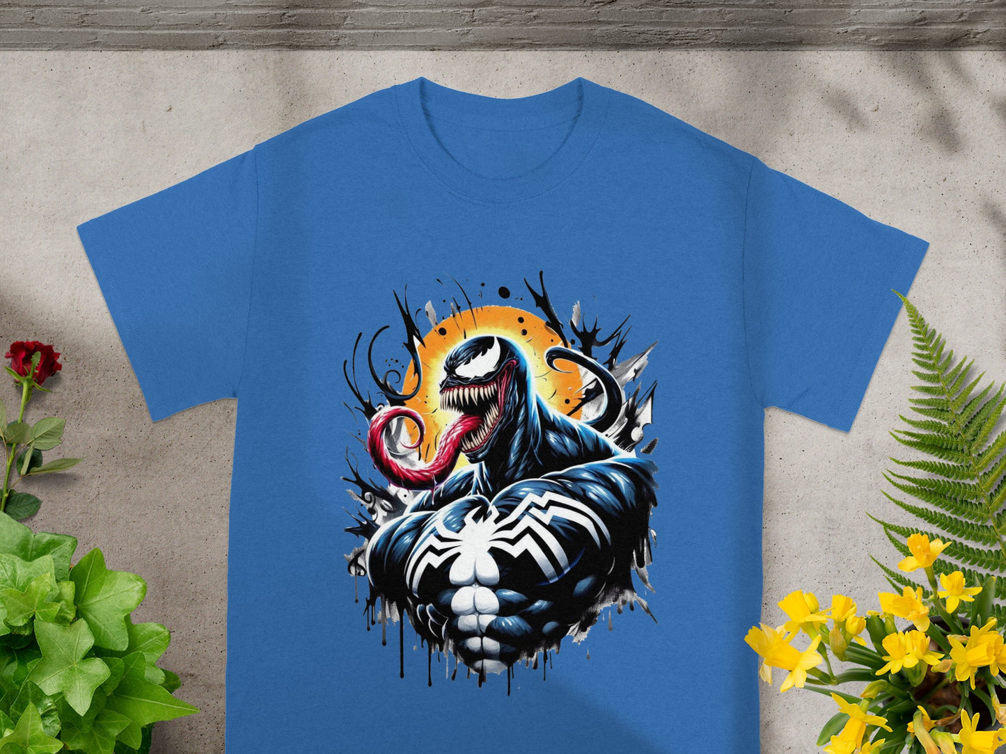 Blue t-shirt with Venom graphic.