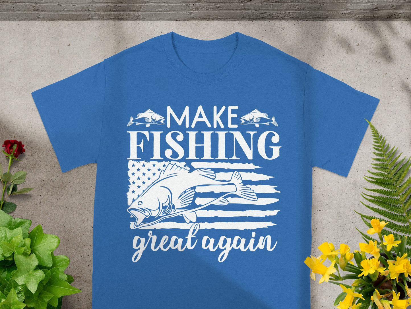 Blue t-shirt with text "MAKE FISHING great again" and a fish over American flag stripes.