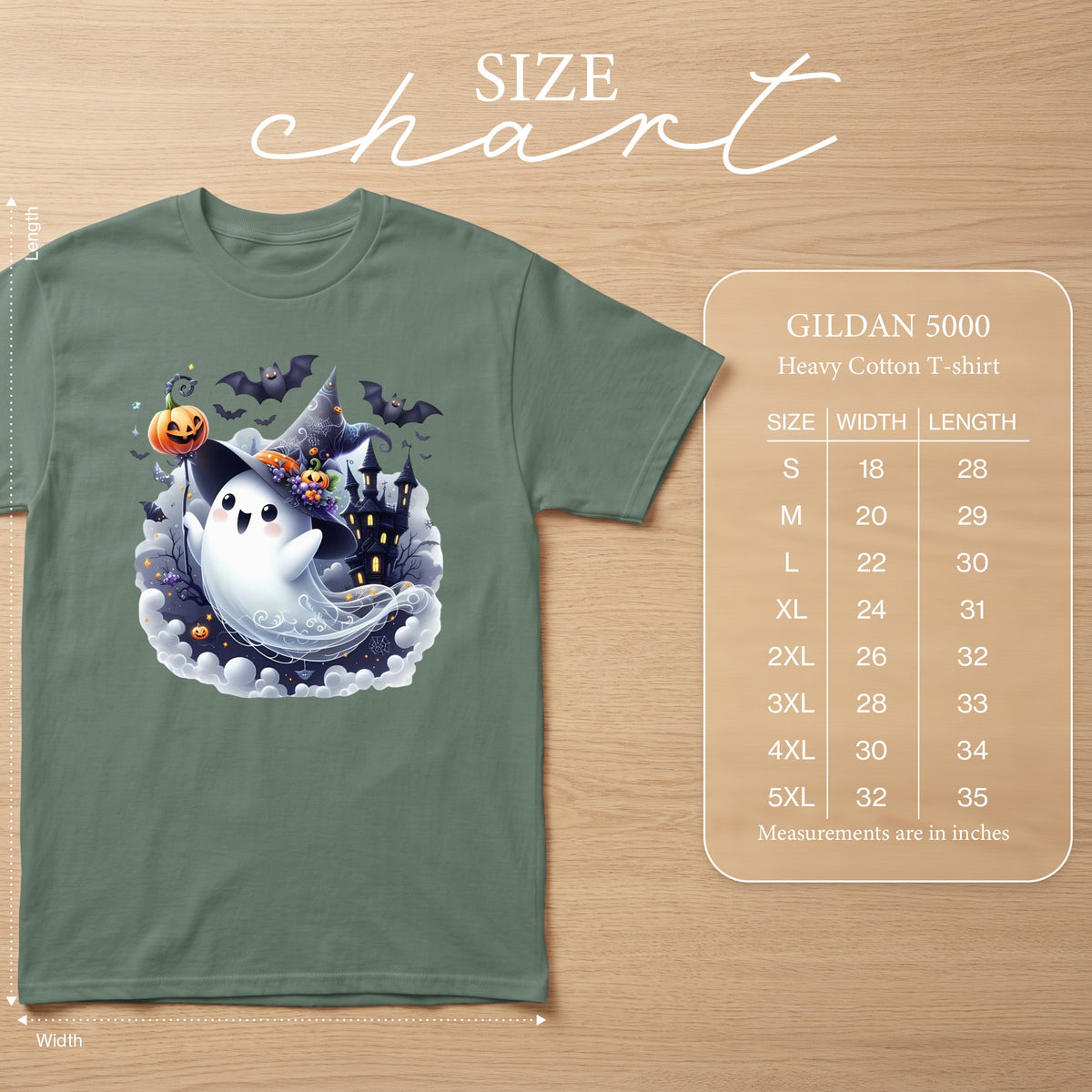 Green t-shirt with a Halloween ghost graphic and GILDAN 5000 size chart.