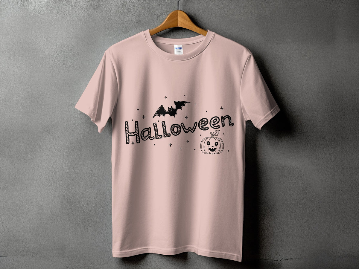 Pink t-shirt with "Halloween" text, bat, and jack-o'-lantern graphic.