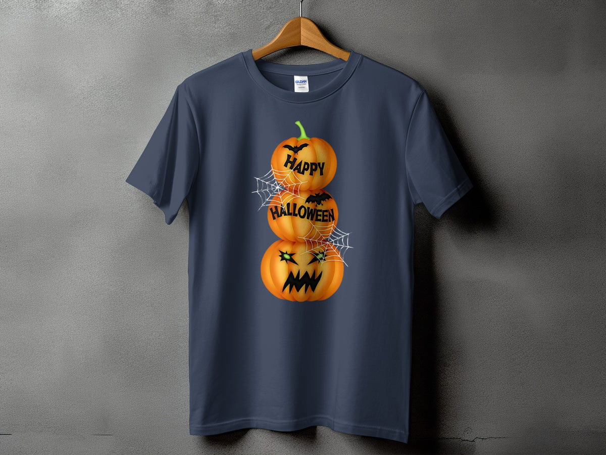 Dark blue t-shirt with stacked jack-o'-lanterns saying "Happy Halloween" and spiderwebs.