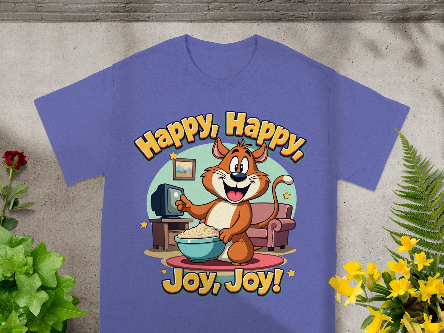 Animated cat watching TV with popcorn, holding a bowl and saying "Happy, Happy, Joy, Joy!".
