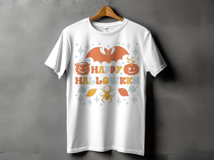 White t-shirt with "Happy Halloween" text, bat, pumpkins, and spider design.
