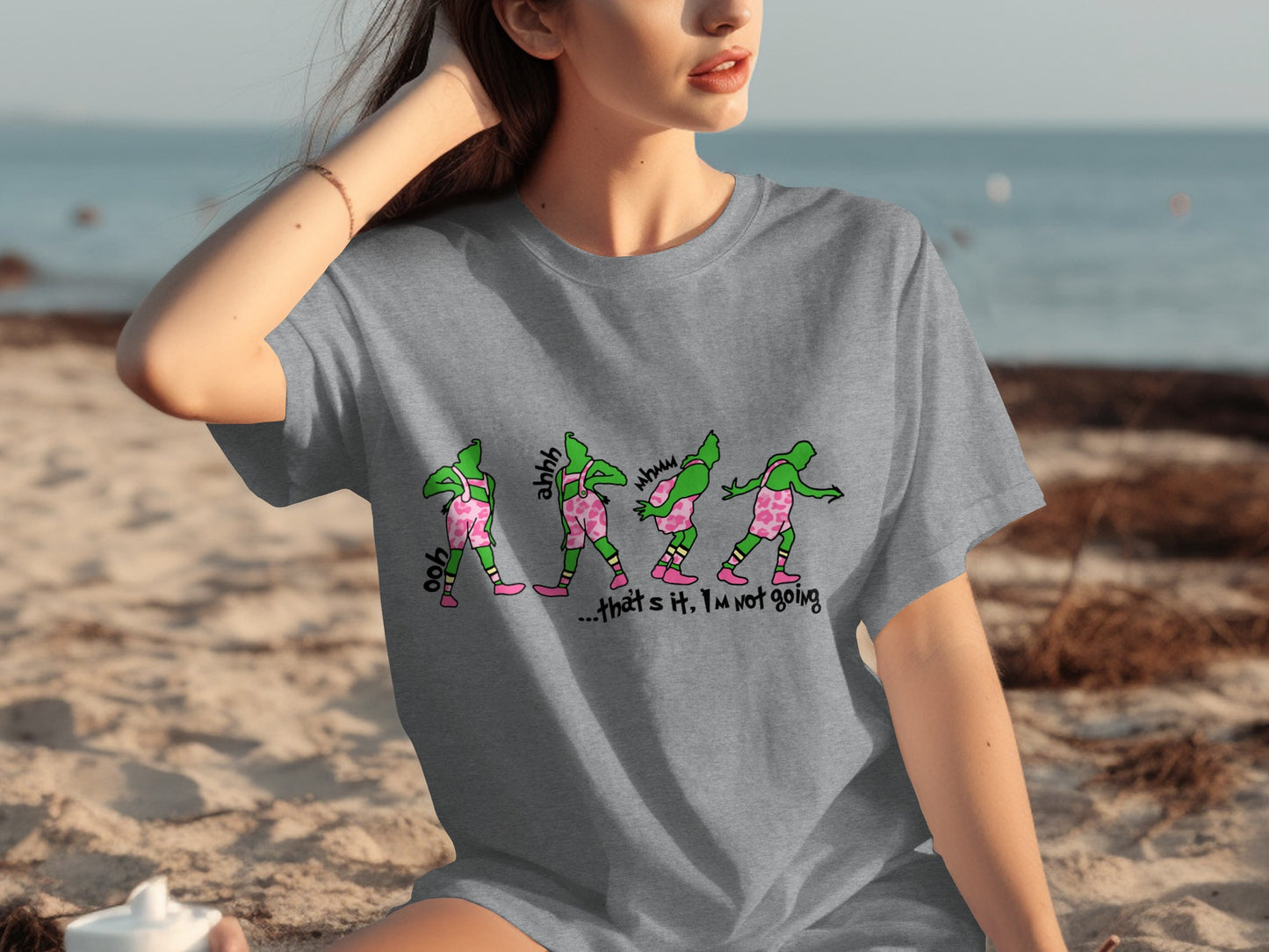 Funny Green Creature Beach Cartoon Graphic T-Shirt