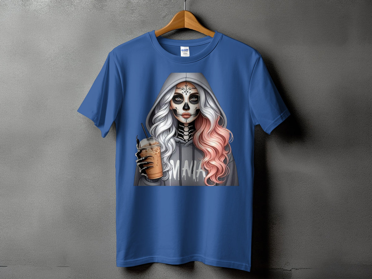 Blue t-shirt with graphic of woman with skull face and pink hair holding a drink.