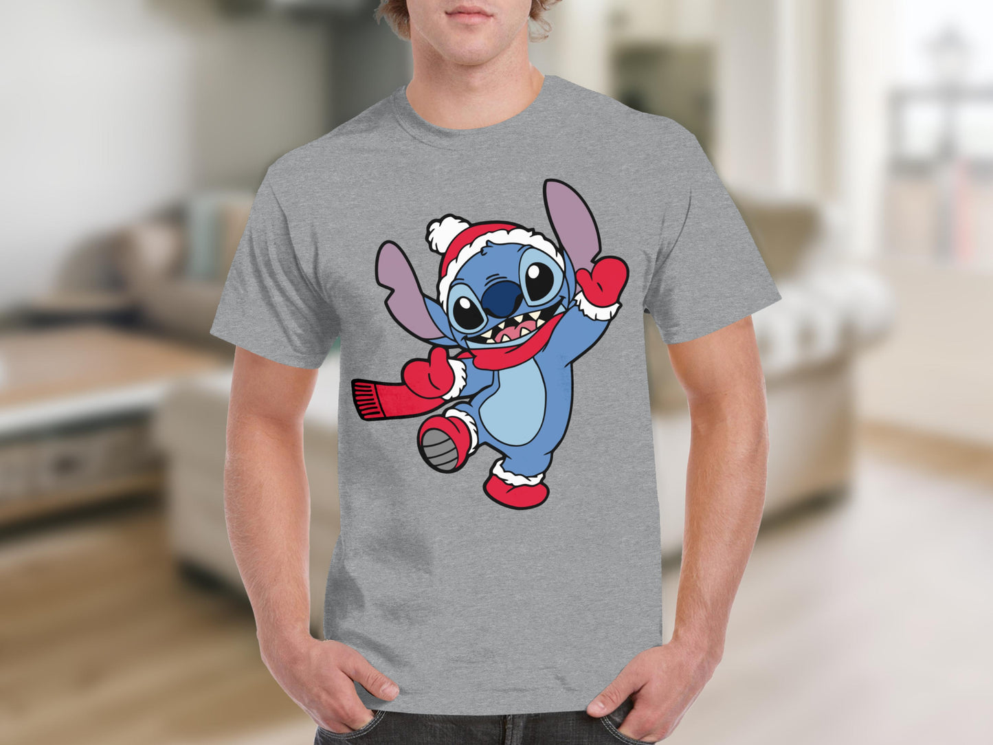 Stitch Wearing Santa Hat and Scarf Christmas T-Shirt