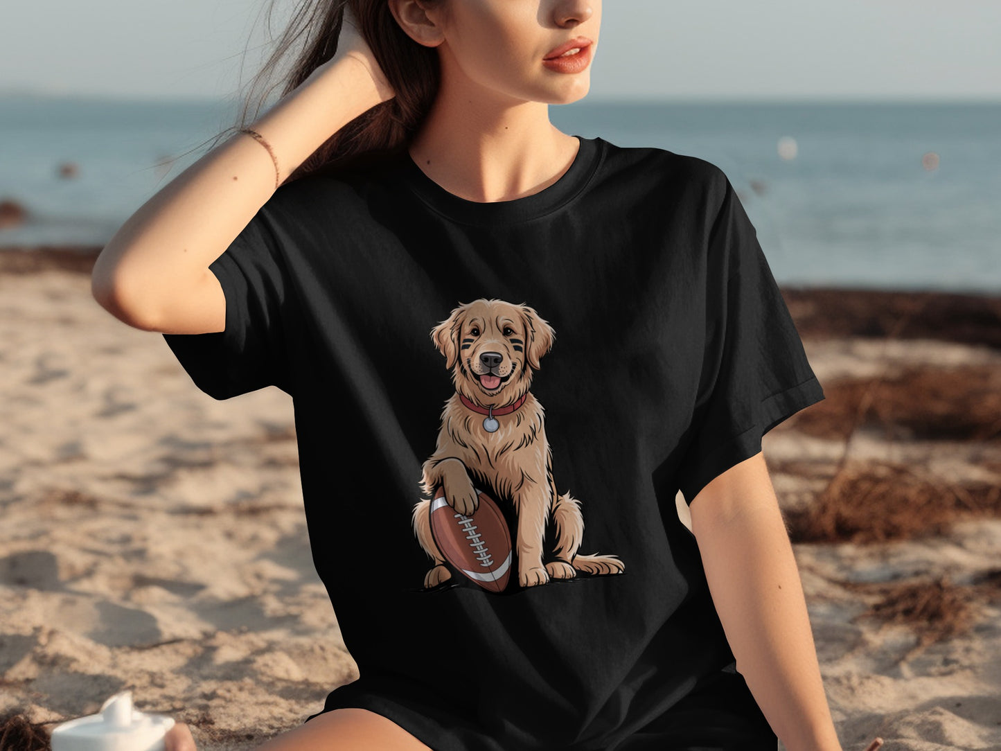 Golden Retriever with Football on Black Shirt