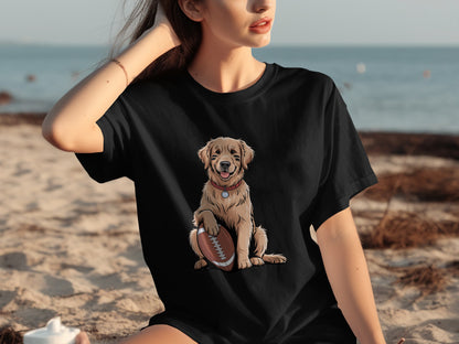 Golden Retriever with Football on Black Shirt