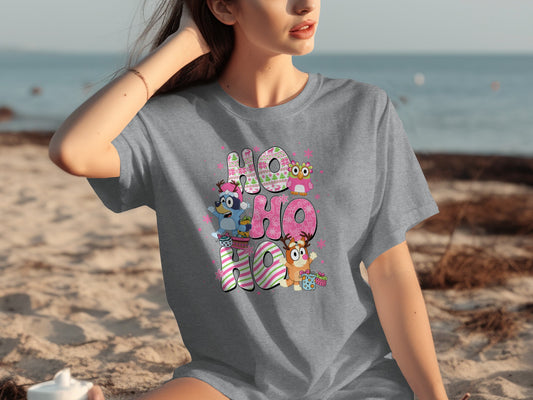 Festive Ho Ho Ho Graphic Tee with Cute Characters