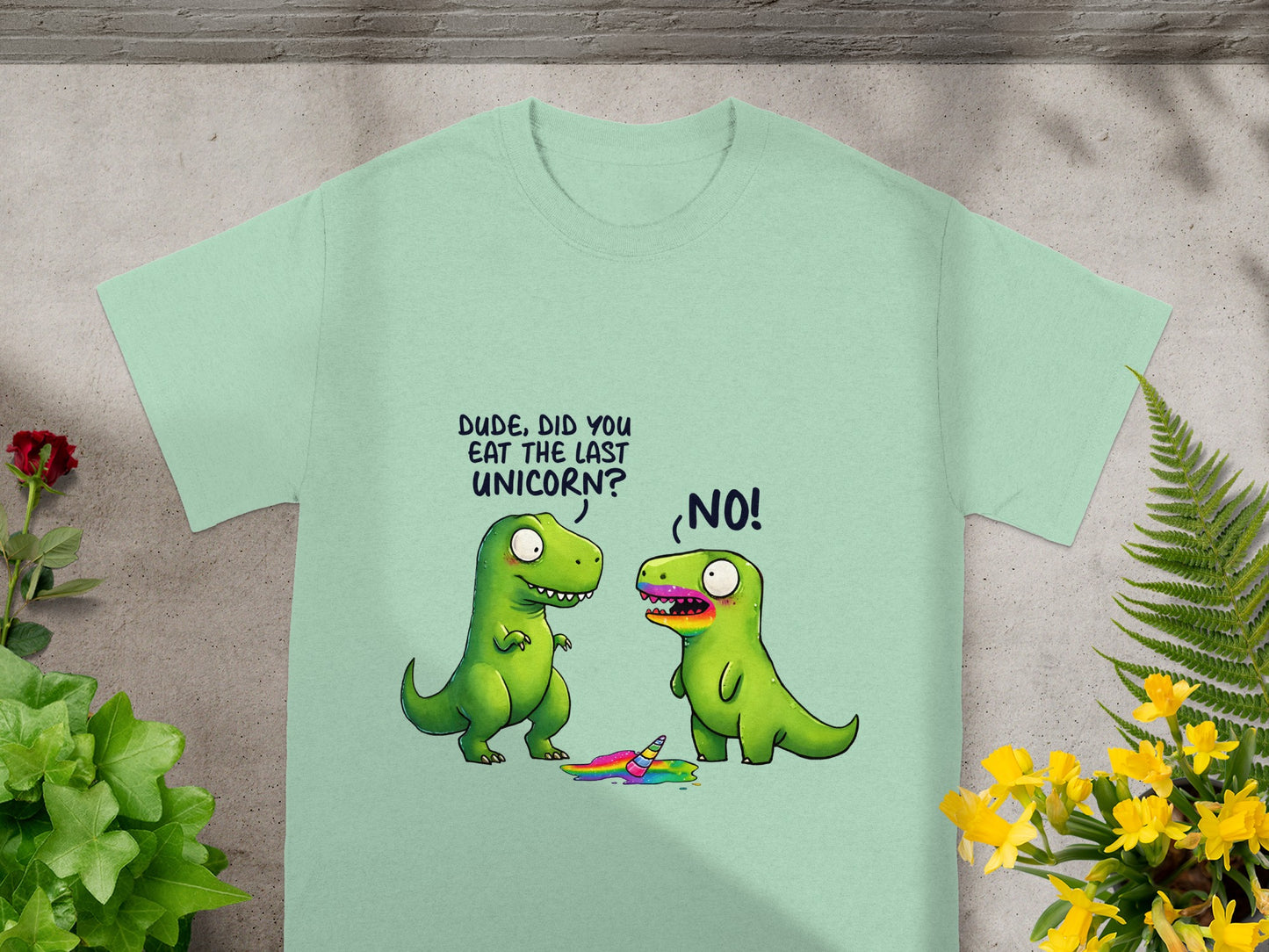 Two green dinosaurs, one asks "Dude, did you eat the last unicorn?", the other replies "NO!".