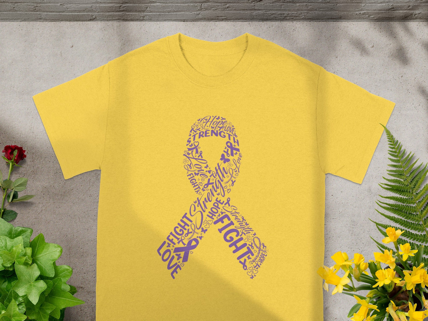 Yellow T-Shirt with Inspirational Words and Ribbon Design