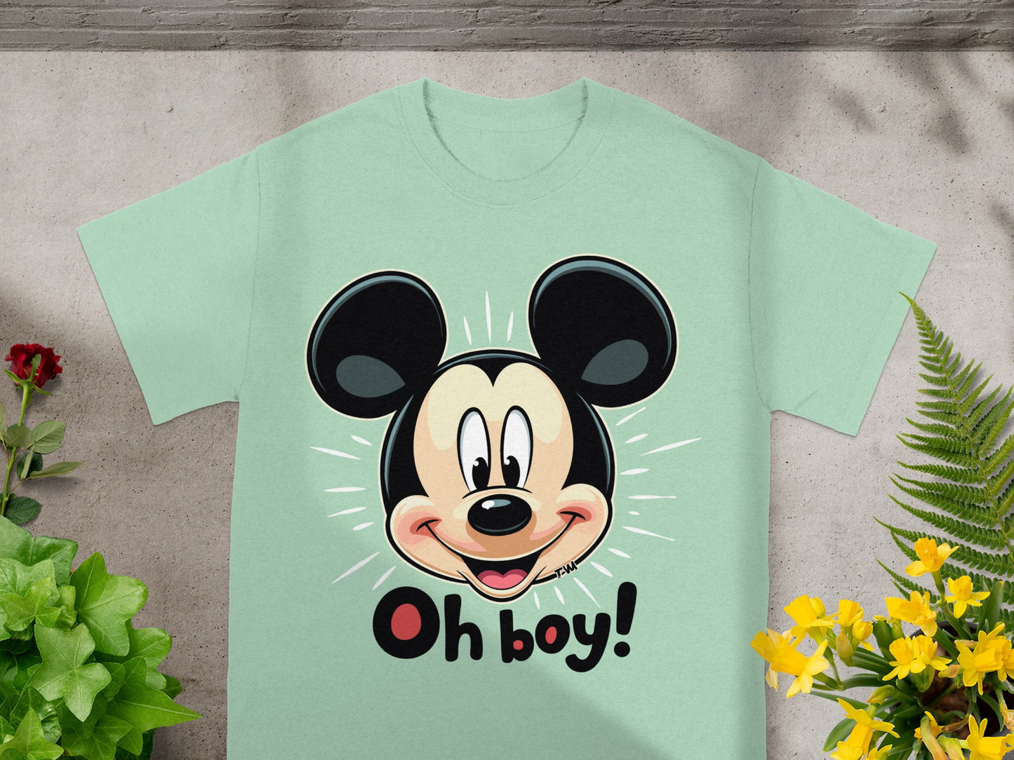 Mint t-shirt with smiling Mickey Mouse head and "Oh boy!" text.