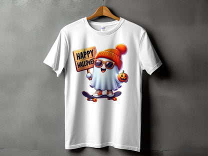 Ghost with sunglasses and beanie rides skateboard holding "Happy Halloween" sign and pumpkin.