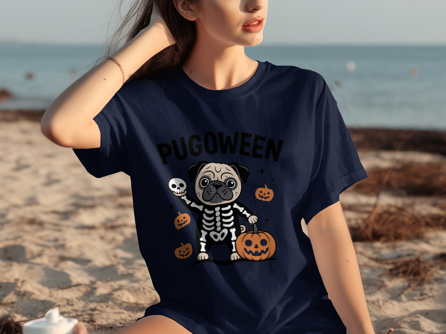 Pugoween Skeleton Pug Halloween Graphic T-shirt