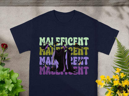 Maleficent graphic on a dark t-shirt, with repeating text.